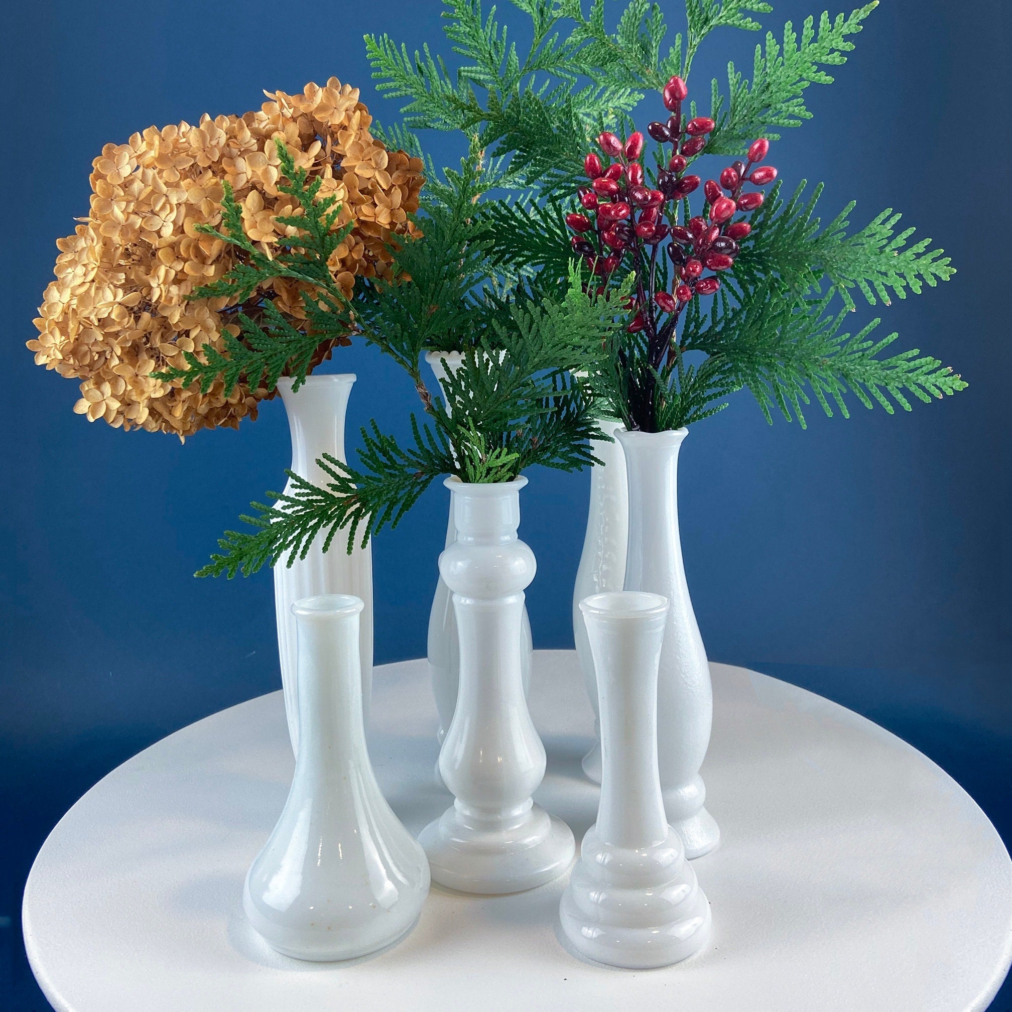 Milk Glass Vase Collection, Set of Seven
