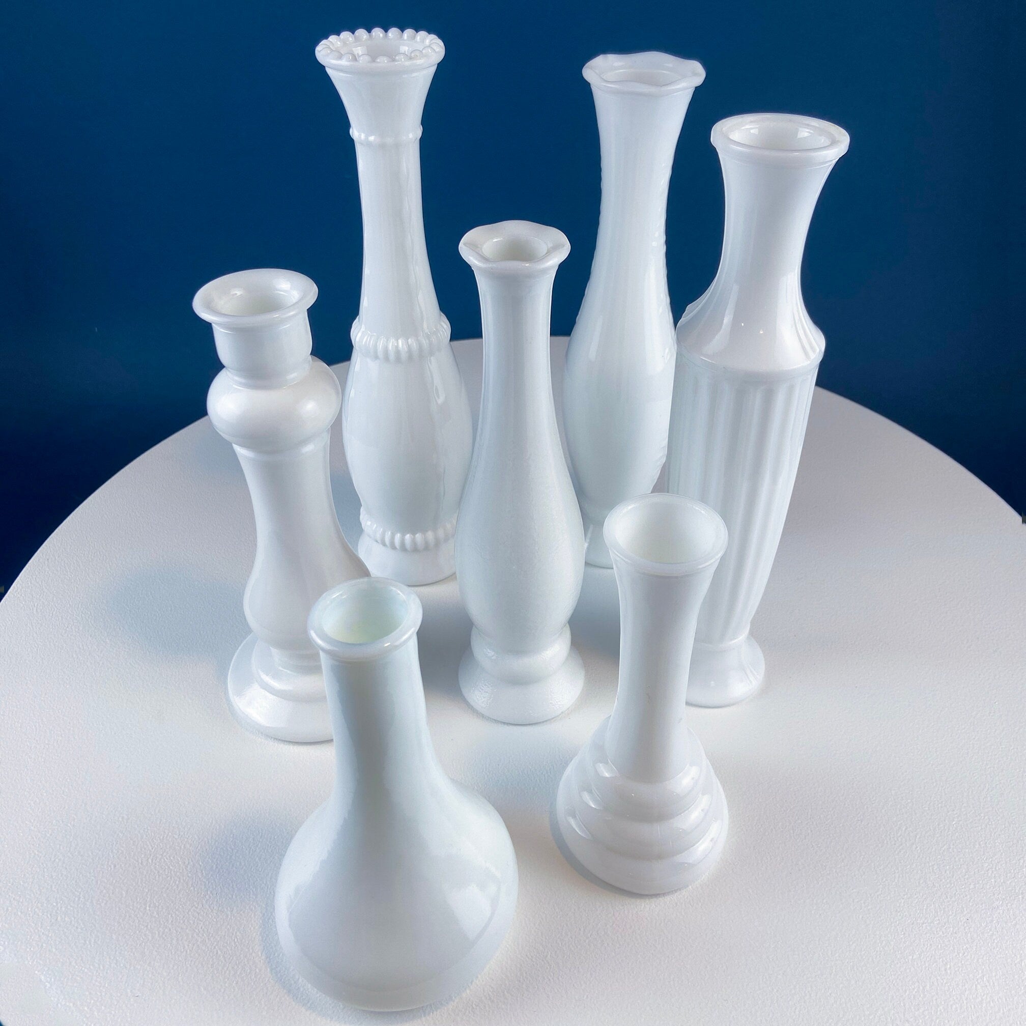 Milk Glass Vase Collection, Set of Seven