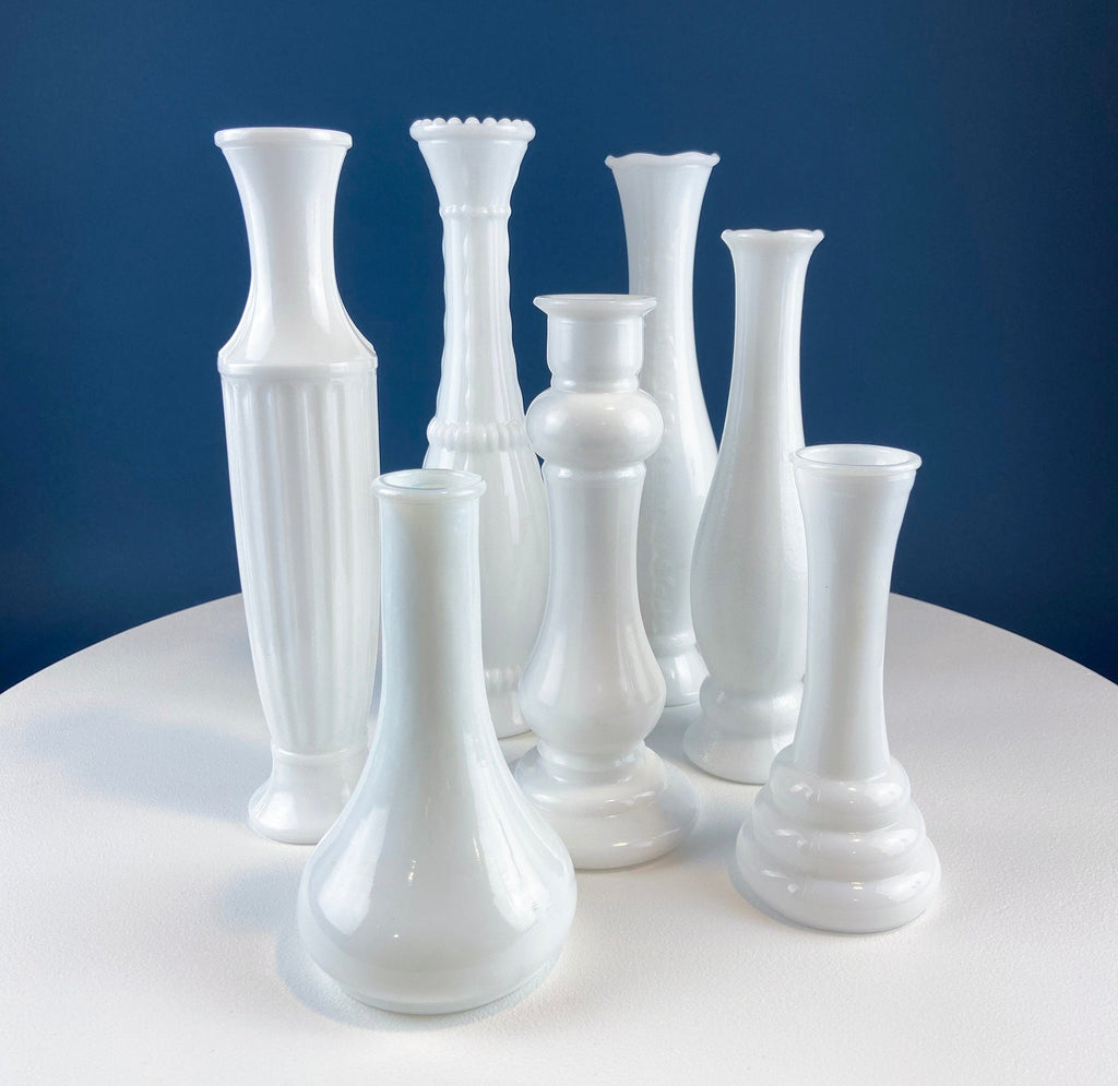 Milk Glass Vase Collection, Set of Seven