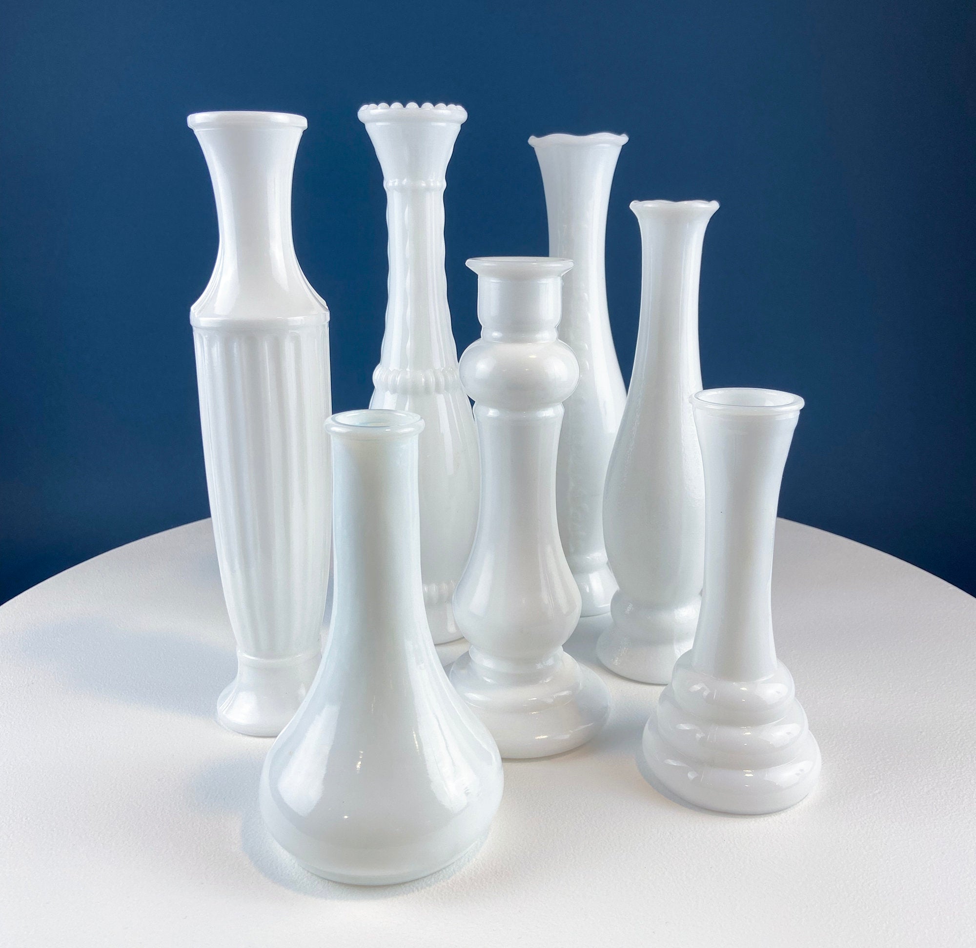 Milk Glass Vase Collection, Set of Seven
