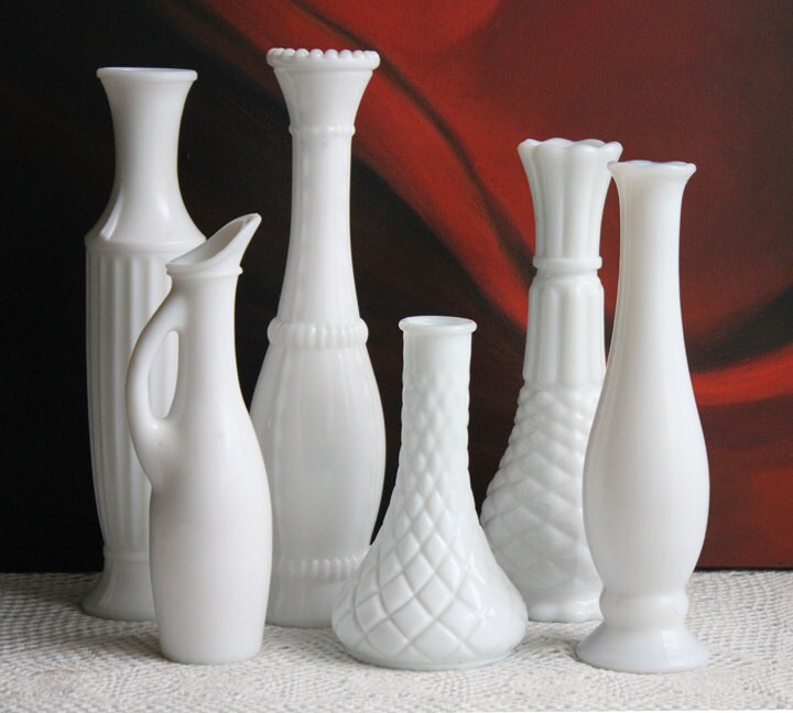 Milk Glass Vase Collection, Set of Seven