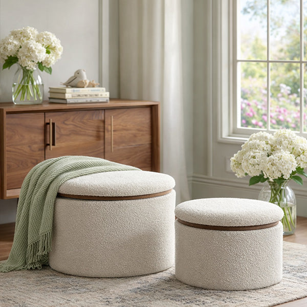 Stowaway Boucle Ottomans, Set of Two